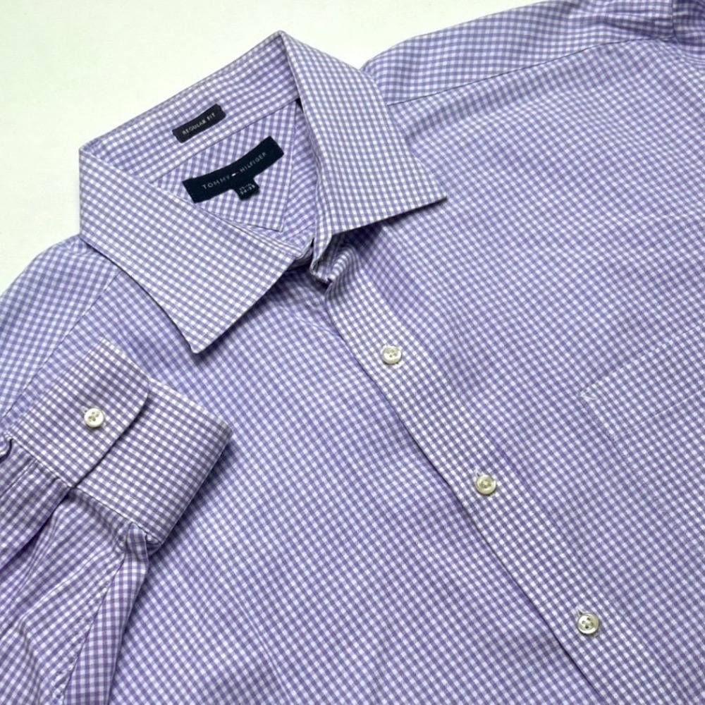 Tommy Hilfiger Mens Dress Shirt Size 17.5 34/35 Regular Fit Lavender Gingham